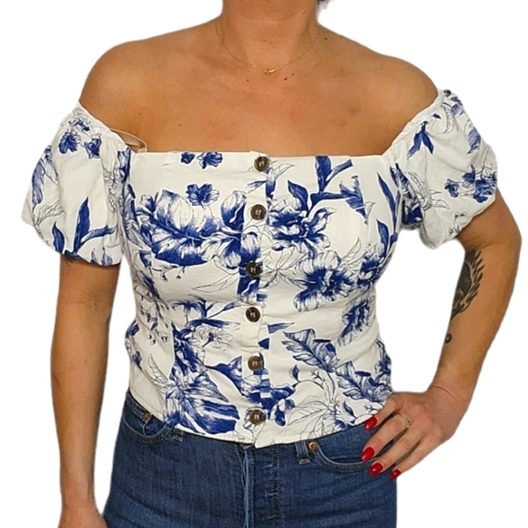 Blāshe Off The Shoulder Boho Blouse White Blue X Large Linen Mix - Picture 1 of 7